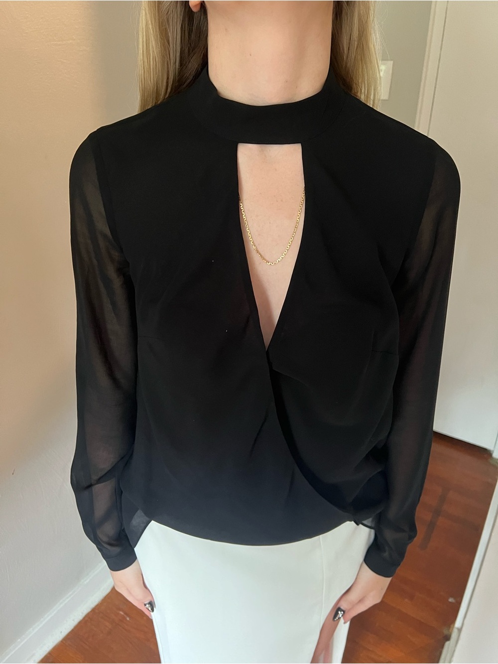 bebe Black Sheer-Sleeve Keyhole Wrap Blouse